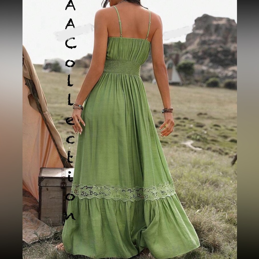 Boho Sheer Mesh Floral Lace Cami Tank Top Maxi Dress Green - Picture 2 of 4